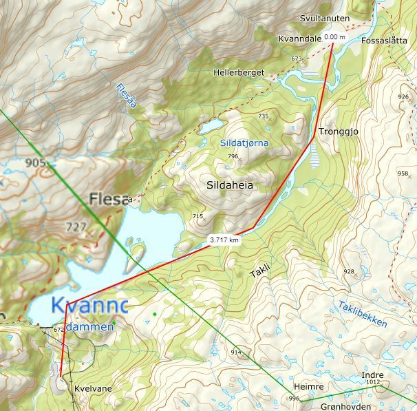 Transportstrekningen med helikopter- rød strek. Tegningen viser stålbroas utforming og konstruksjon.