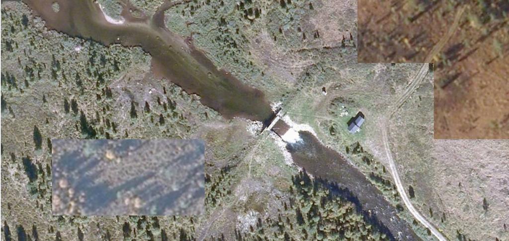 Flyfoto ovenfor viser området rundt brua over Frya der det er omsøkt etablering av vei innenfor Frydalen landskapsvernområde.