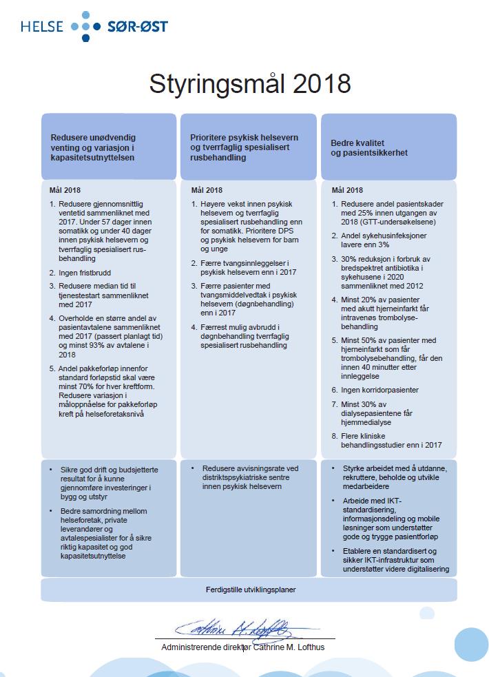 Styringsmål for 2018 fra Helse Sør-Øst RHF I tillegg kommer mål i Oppdrags- og