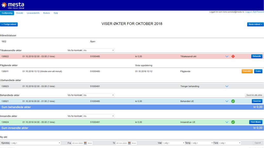 Øktene danner grunnlag for fakturering og blir behandlet på følgende måte: Hver enkelt økt behandles, godkjennes og sendes inn til Mesta fortløpende.