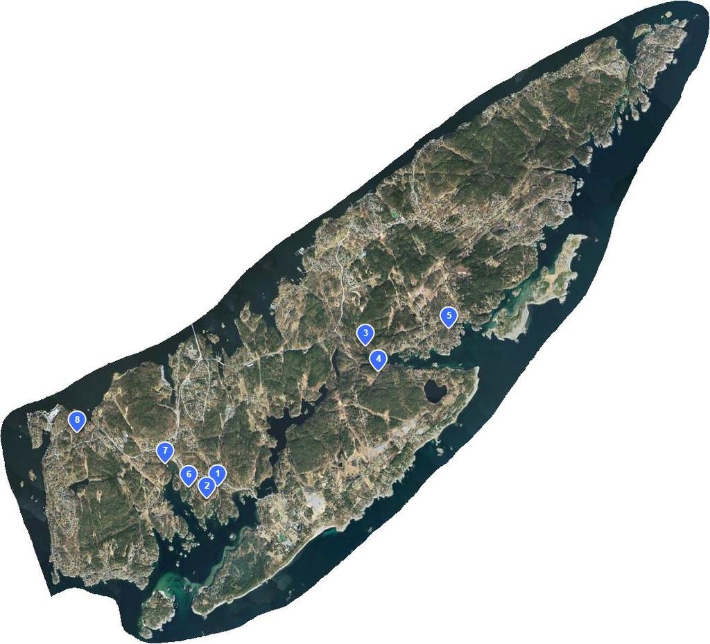 Kart over Tromøy, Arendal kommune, med de undersøkte lokalitetene inntegnet.