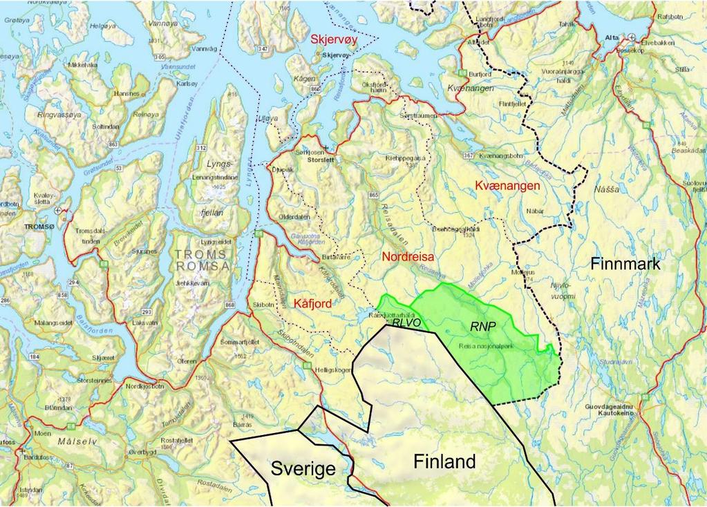 1.2. Områdebeskrivelse Reisa nasjonalpark og Ráisduottarháldi landskapsvernområde ligger i Nordreisa kommune, Troms fylke (figur 1).