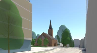 b) Forslaget eksponerer tilnærmet hele byrommet rundt Kirken fra ulike standpunkt lenger vest i Kirkegata.