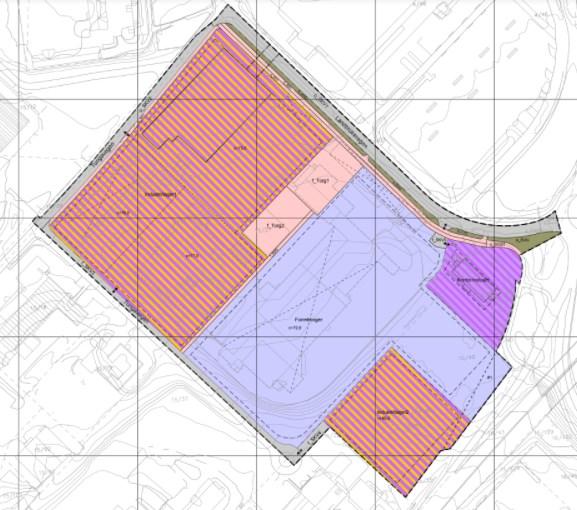 Lys rosa viser foreslått plassering av torg. Stripede deler av området viser formål som er i tråd med gjeldende regulering industri/lager.