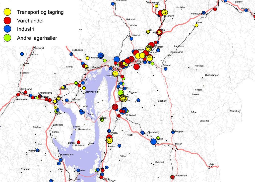 Mange nye logistikksentra som betjener hele landet Nye logistikksentra 2000-2017 i Osloregionen (TØI) o o o o En økende andel tungtrafikk som må passere gjennom Oslo Logistikksentrene som retter seg