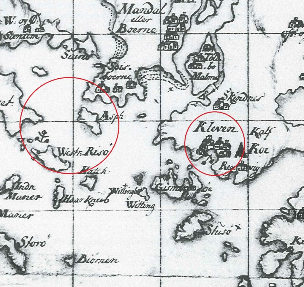 ARKEOLOGISK REGISTRERING LANDESUND, PROSJEKT NR.: 2016227 Figur 2 Kart fra 1708 som viser Mandal (sentralt i bildet), og de to viktige havnene Risøbank og Kleven på hhv. Vest- og østsiden av byen.
