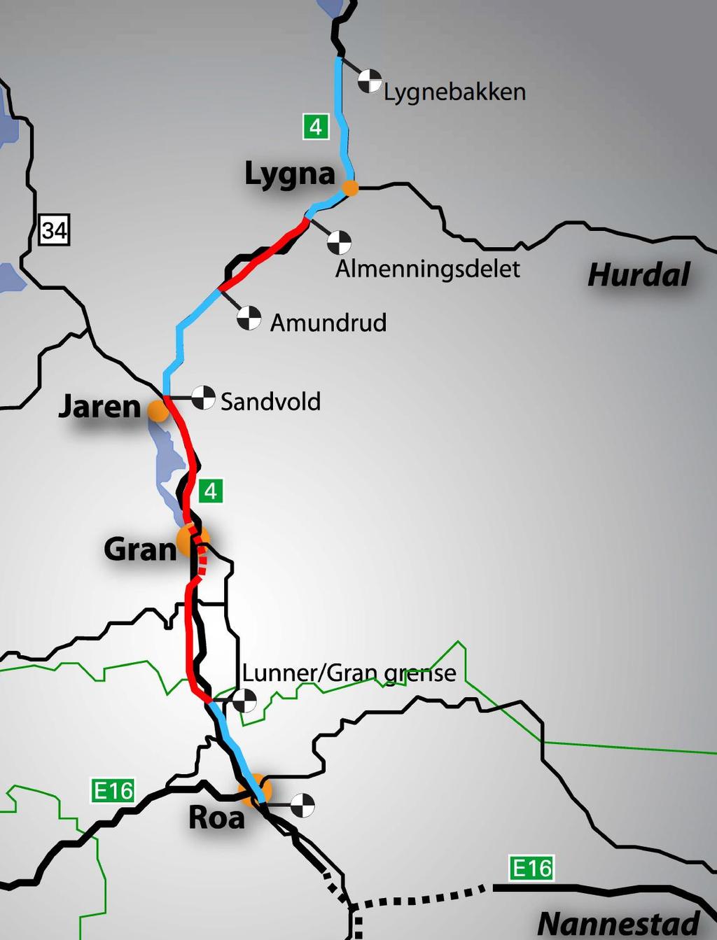 Prosjekt Vestoppland Rv4 Roa Lygna, etappe 2 Rv4 Almenningsdelet - Lygnebakken Laget forprosjekt i 2017 etter NTP-vedtak Reguleringsplan inklusive konsekvensutredning (KU) er startet i 2018 4,9 km