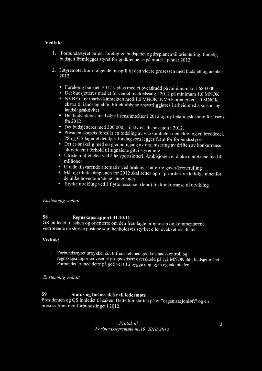 000,- Det budsjetteres med et forventet markedssalg i 2012 på minimum 1,0 MNOK NVBF øker markedsinntekten med 1,0 MNOK. NVBF øremerker 1.0 MNOK ekstra til landslag elite.