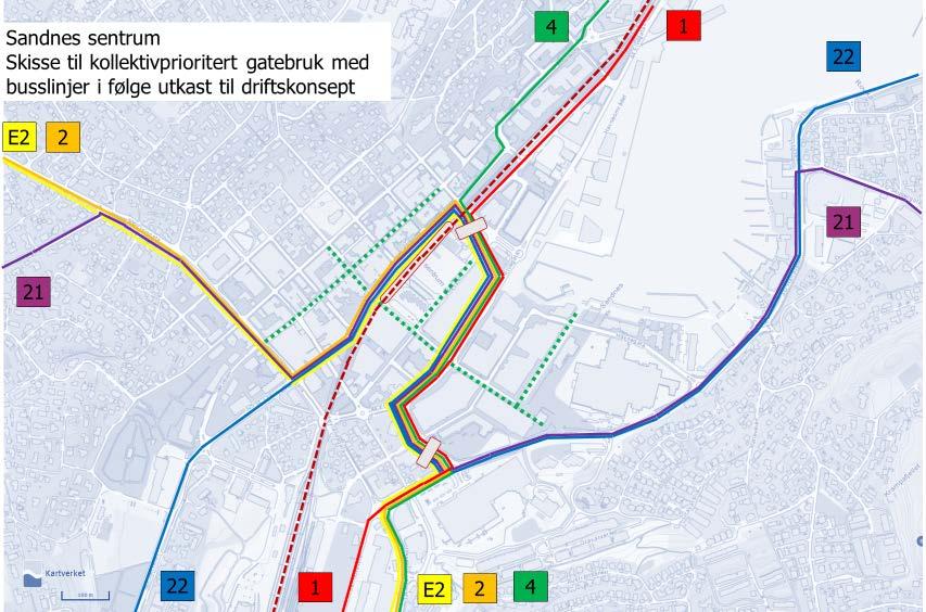 2.5 Innspill til løsninger i Sandnes sentrum Innspillet til bussnett henger sammen med behovet for en best mulig betjening av Sandnes sentrum for bytte mellom busslinjer og til/fra tog.