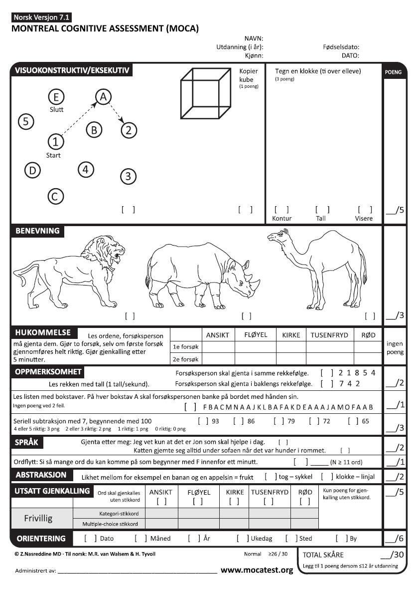 MMSE Designet for å avdekke demens MoCA Designet for å avdekke MCI Telefon-MoCA Nasreddine et al, JAGS