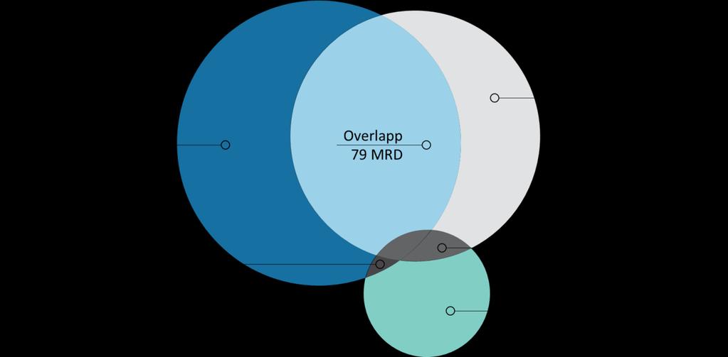 2.2. Overlapp mellom næringene Med overlapp menes bedrifter som har store deler av sin virksomhet rettet mot mer enn en næring og derfor er inkludert i flere av Menons populasjoner.