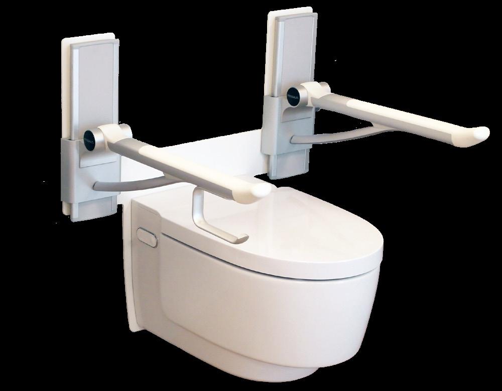 AQUACLEAN MERA CLASSIC MED TOALETTSTØTTESYSTEM Her vises dusjtoalettet AquaClean Mera Classic i kombinasjon med brakett og toalettstøtter med