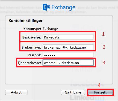 Fyll så ut som du ser på bilde over: Beskrivelse: Kirkedata Brukernavn: Ditt brukernavn