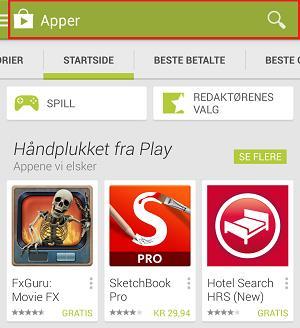 «Play Store» Søk etter