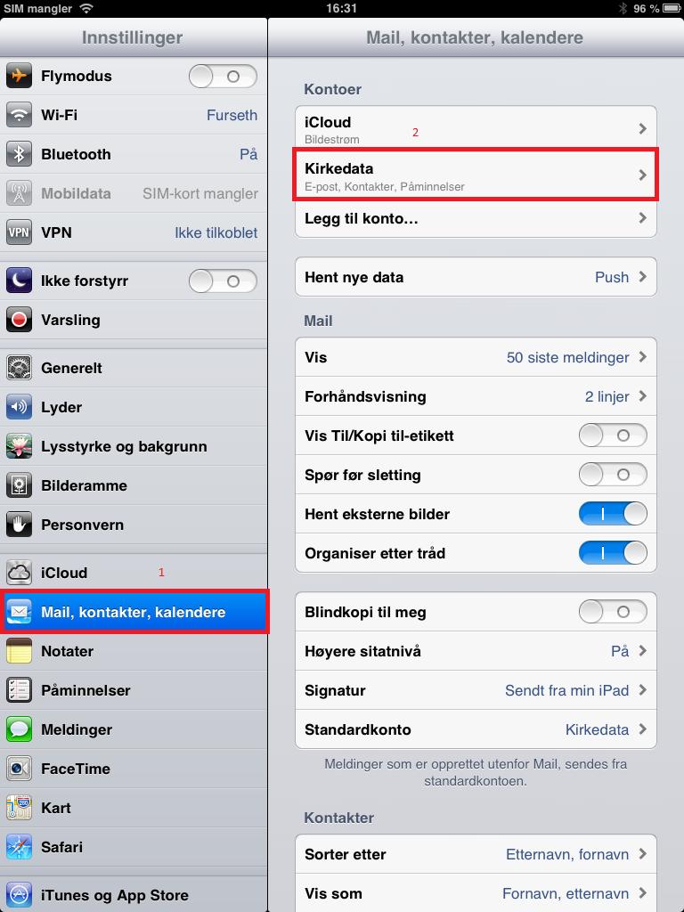 Gå så på «Mail, kontakter, Kalendere» og velg