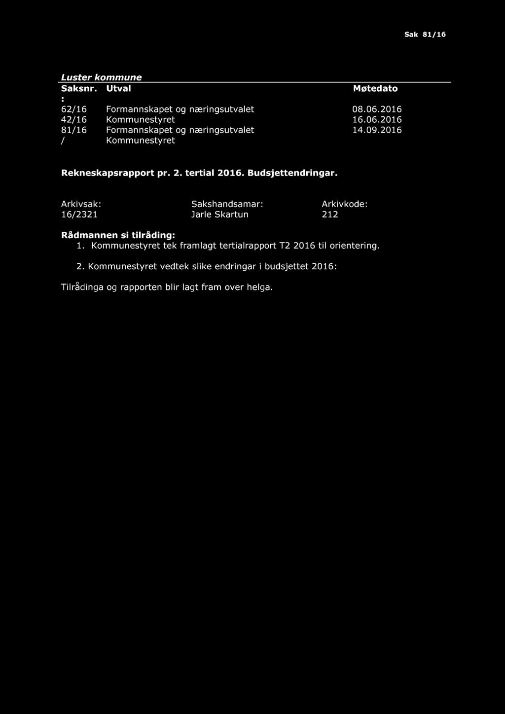 Sak 81 / 16 62 / 16 Formannskapet og næringsutvalet 08.06.2016 42 / 16 Kommunestyret 16.06.2016 81 / 16 Formannskapet og næringsutvalet 14.09.2016 / Kommunestyret Rekneskapsrapport pr. 2.