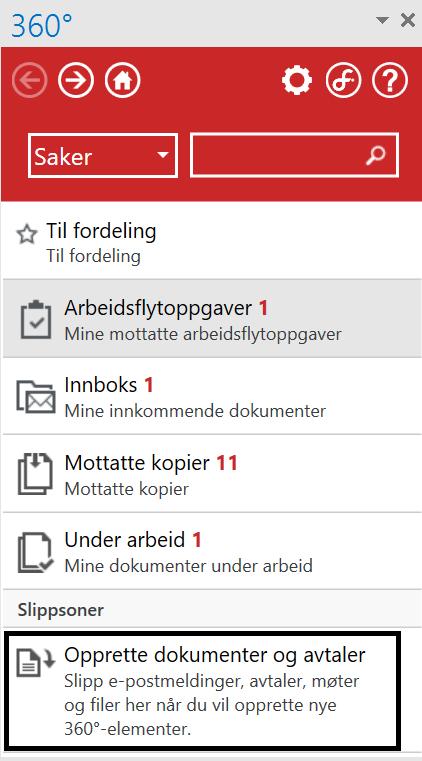 Import av epost Med Outlook-integrasjonen kan e-post enkelt overføres til Public 360. Dra eposten over i slippsonen som heter Opprette dokumenter og avtaler og følg veiviseren.