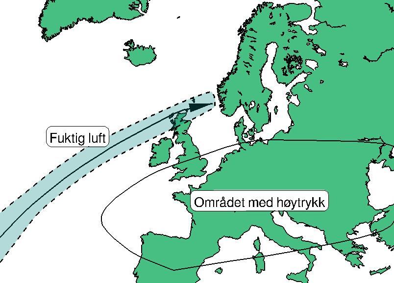 Figur 3. Værsituasjon med «atmosfærisk elv» som kan gi mye nedbør på Vestlandet. Azad og Sorteberg (2017), har studert ekstreme nedbørepisoder på Vestlandet i værsituasjoner med «atmosfærisk elv».