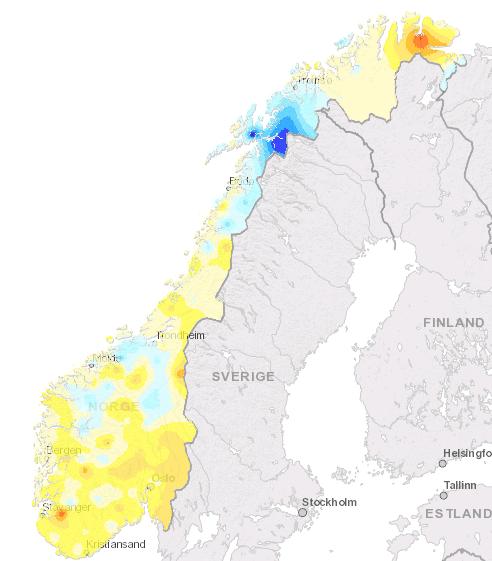 Vær og hydrologi Stadig kjøligere vinter Januar Februar Mars Høyeste temperatur 12,2 (Bremanger, 1.jan.) 8,9 (Tafjord, 9.feb.) 13,8 (Gvarv, 25.mars) Laveste temperatur -38,7 (Karasjok, 24.jan.) - 42, (Folldal, 28.