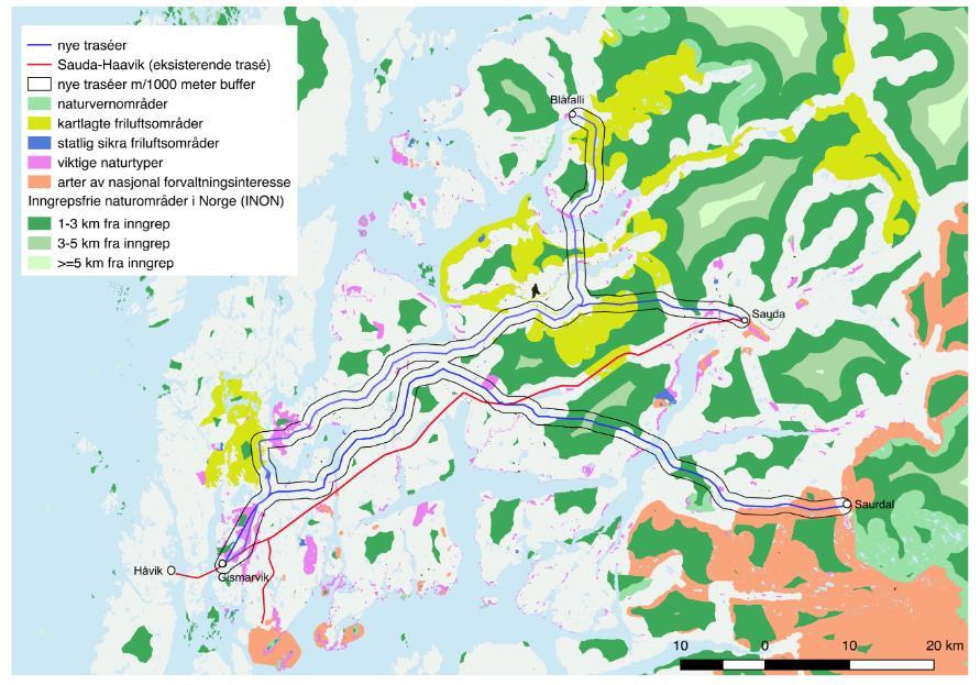 Figur 5.10 Kart over miljøtemaer og en buffersone på 1000 meter Kilde: Vista Analyse Tabell 5.