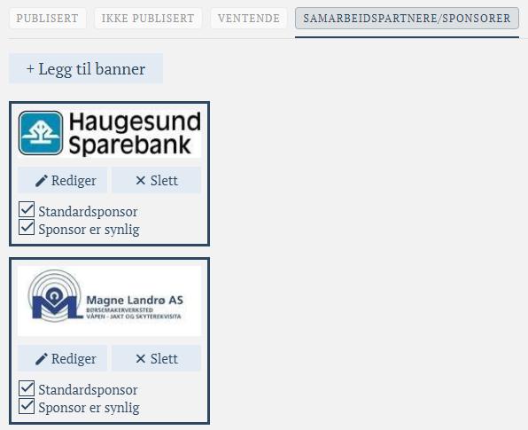 Samarbeidspartnere/sponsorer Kun forside: hak kun av «Sponsor er synlig». Kun artikkel: hak kun av «Standardsponsor». Både forside og artikkel: hak av begge valgene.