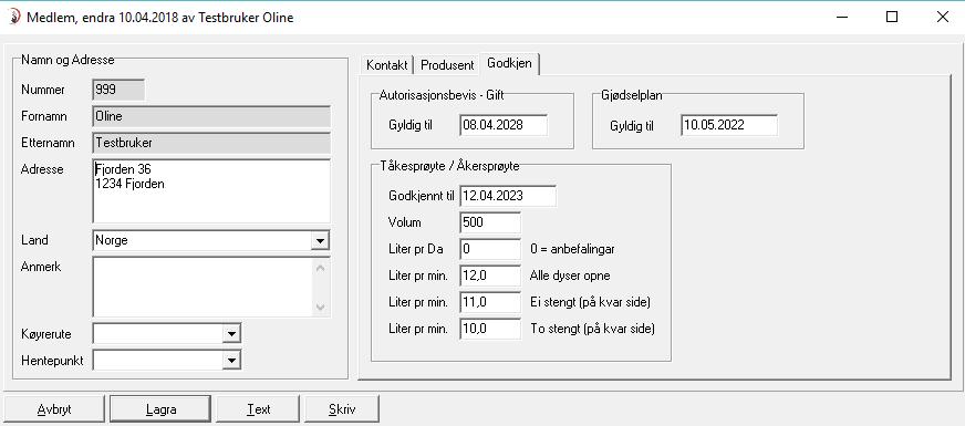 Godkjenninger Her ligger datoer for hvor lenge autorisasjonsbevis, gjødselplan og tåkesprøyte/åkersprøyte er godkjent.