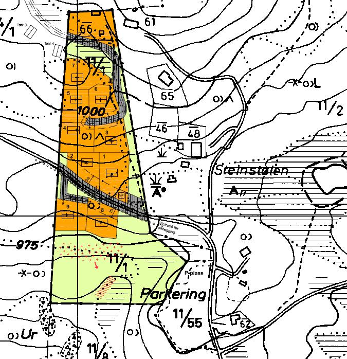 5 Det er videre regulert område hytter rett vest for planområdet. Her er det forutsatt felles renseanlegg sør for tomt 8 og 9. Anlegget er ikke bygd. Figur 2.