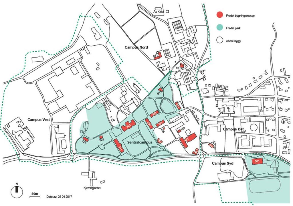 2.4 Fredede bygg Av NMBUs bygningsmasse er store deler fredet. Deler av parkanlegget er også fredet. NMBUs bygninger som er fredet, er i aktiv bruk med høy utnyttelsesgrad.