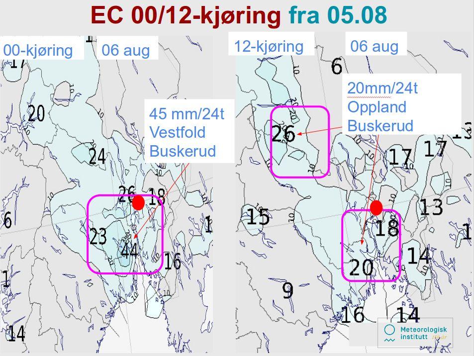 - 12-prognosen 5. august fra EC(Figur 1.4 - høyre) endrer seg vesentlig, og reduserer nedbøren til 18-20 mm/24 timer sør for, og 20-25 mm/24 timer på grensen mellom Oppland og Buskerud, langt vest.