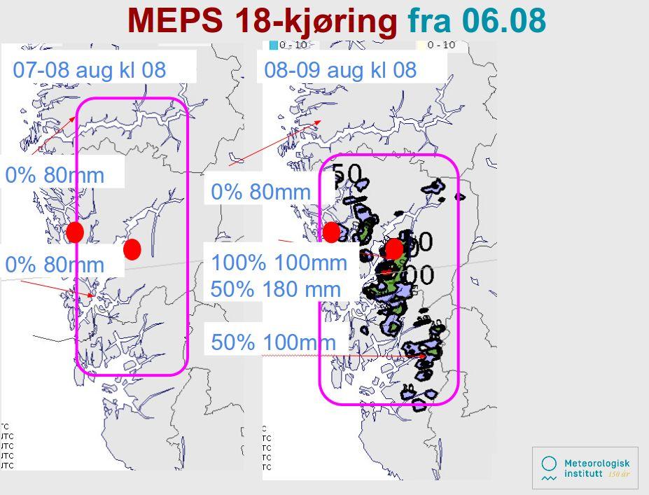 Figur 2.4: Sannsynlighet for > 80 mm/24 timer, > 100 mm/24 timer(blått) og >180 mm/24 timer(grønt) for 7.(venstre) og 8.(høyre) august. MEPS 18-prognose fra 6. august. Siste prognoser og vurderinger (7.