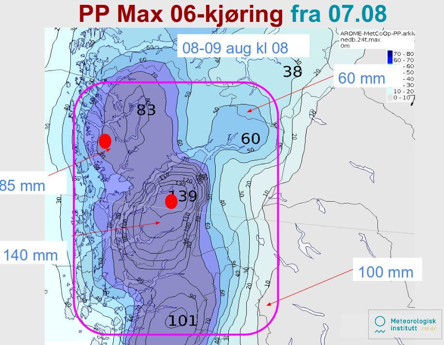 Figur 2.5: Arome (PP max) 24 timer nedbør for 8. august. Prognose fra 7. august kl. 06. - MEPS(figur 2.