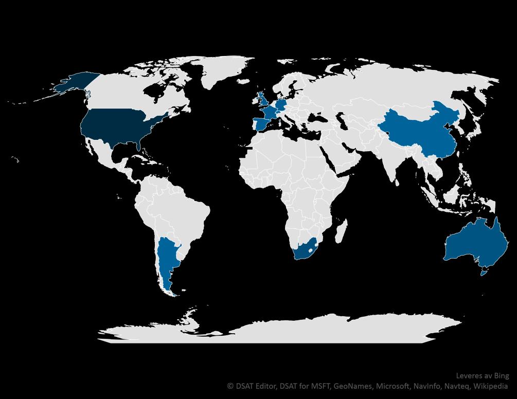 Geografisk fordeling av utenlandsopphold USA 39 % Sør-Afrika 16 % Australia 12 % Storbritannia 8 %