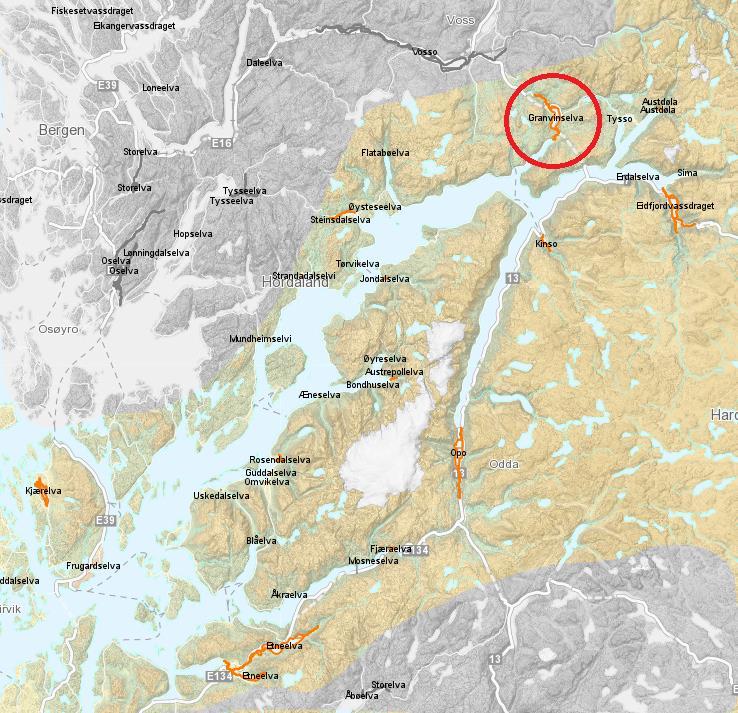 Figur 2. Hardangerfjorden med 30 vassdrag (i den delen av kartet som har farge) med laks og sjøørret. Granvinsvassdraget er markert med rød sirkel (kartkilde: www.lakseregisteret.no).