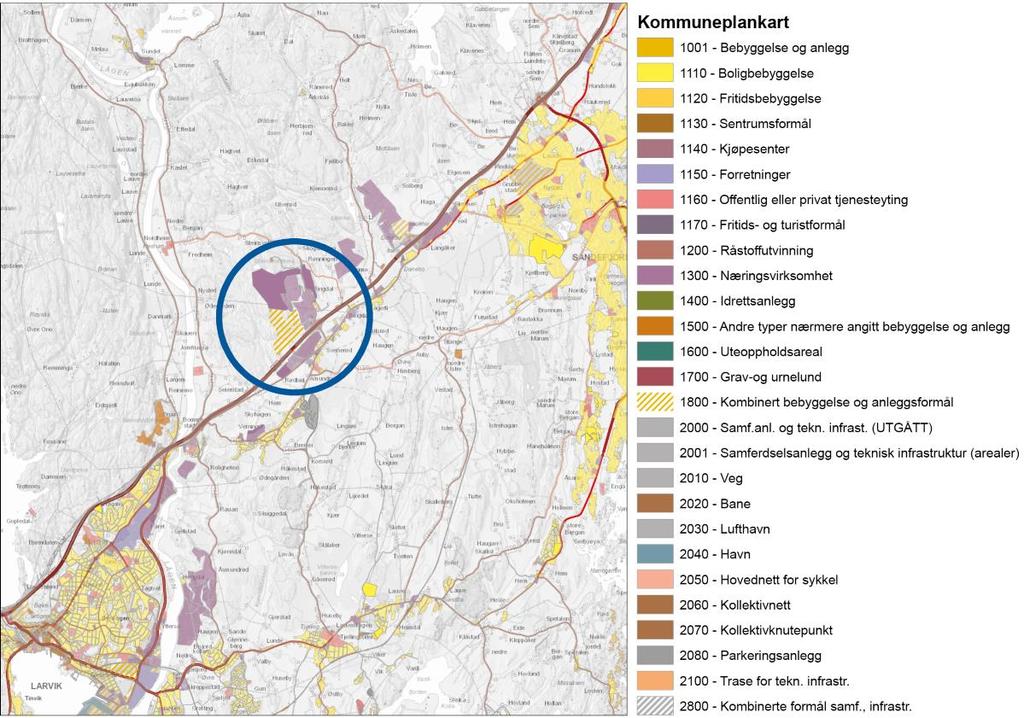 Vestfold fylkeskommune 0-18 7.3 Plassering 3: Larvik/Sandefjord Ringdalskogen I kommuneplanen er det avsatt et areal til næringsformål i tilknytning til kryss Ringdalsskogen på E18.