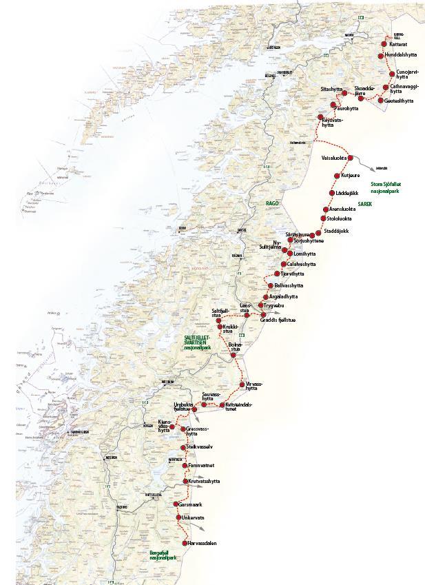 Går innom Sverige Padjelantaleden og Laponia verdensarvområde 7 kommuner (Narvik, Ballangen, Fauske, Saltdal, Rana, Hemnes og