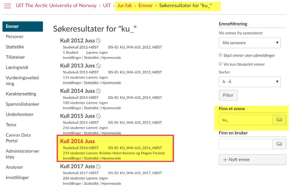 Figur 2-2 Undervisningsaktivitetsemne i Canvas 2.1.3 Studiekull i FS Dersom studiekull skal overføres til Canvas krever at det gjøres en aktiv registrering i FS.