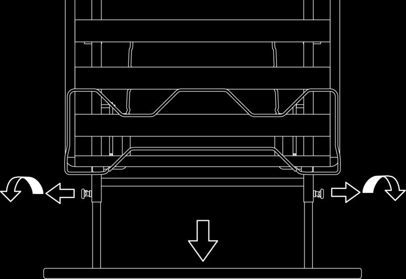 Trekk ut låseboltene som står på utsiden av rammen på begge sider og roter dem en kvart omdreining. Figur 2.22: Tilgang til forlengelse av sengen Trekk kryssbjelken til ønsket lengde.