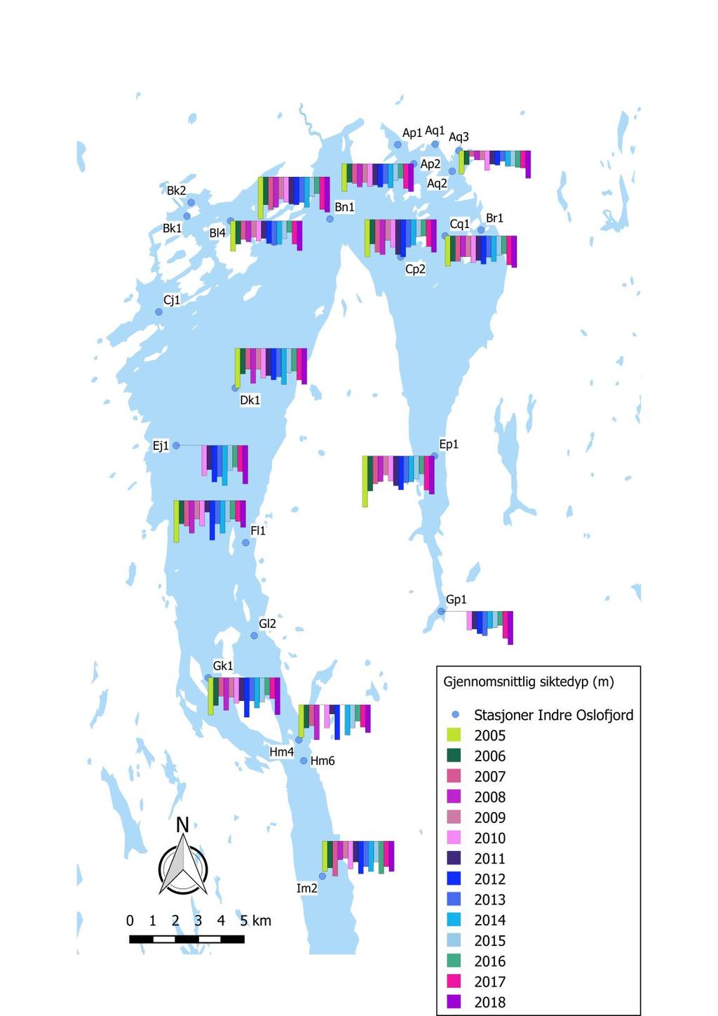 Siktedypmålinger for august måned i 2018 og foregående år Plottede data på kartet til venstre viser gjennomsnittlige august-målinger ved utvalgte stasjoner i Indre Oslofjord (i perioden 2005-2018).