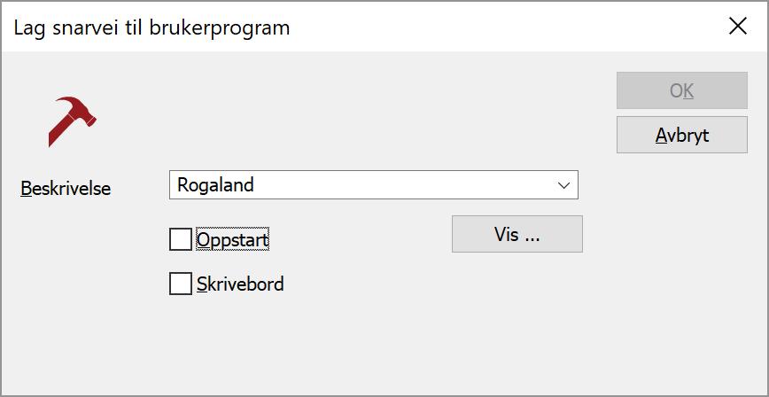 Lag snarvei til brukerprogram Lager snarvei til brukerprogrammet. Du kan krysse av for Oppstart når du vil opprette snarveien i Oppstarts-mappen i Windows.