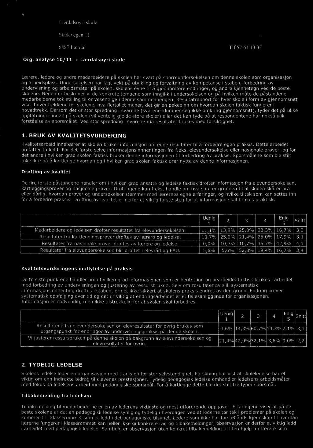 Resultatrapport for hver skole i form av gjennomsnitt viser hovedtrekkene for skolene, hva flertallet mener, det gir en pekepinn om hvordan skolen faktisk fungerer i hovedtrekk.