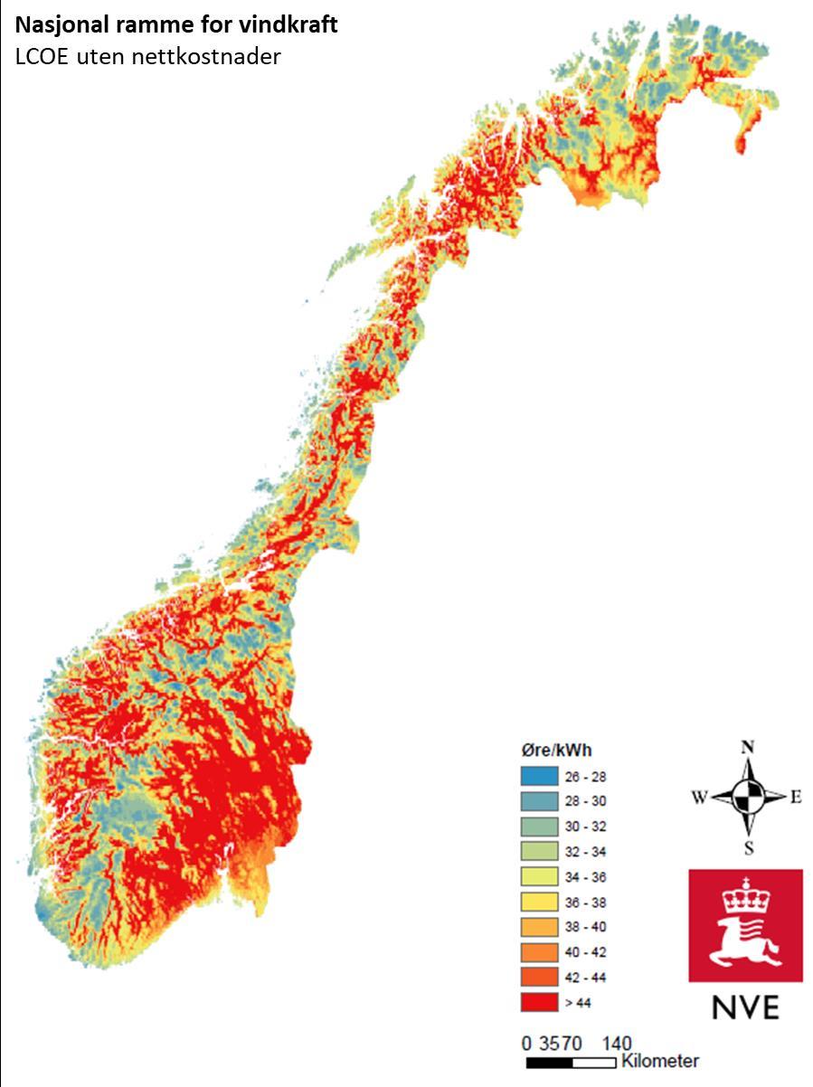 Figur 10: Kartet viser hvor de billigste vindressursene i Norge er. De laveste kostnadene er i kystnære strøk, Finnmark og i fjellet i Sør-Norge.