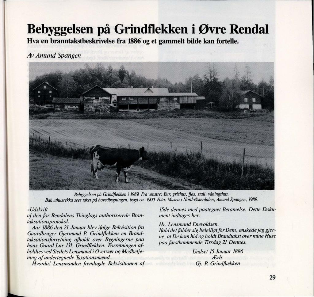 Bebyggelsen på Grindflekken i Øvre Rendal Hva en branntakstbeskrivelse fra 1886 og et gammelt bilde kan fortelle. Av Amund Spangen Bebyggelsen på Grindflekken i 1989.