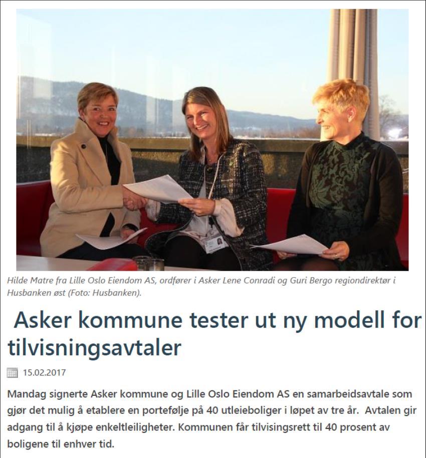Asker Kommune har rammeavtale med Lille Oslo Eiendom AS som innen 3 år skal etablere en portefølje på inntil 40 utleieleiligheter i Asker.