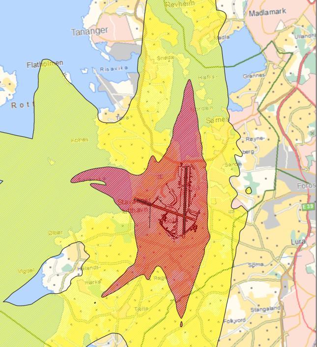 14. Flystøysonekart Sola Sømmervågen. Alt på land er i rød flystøysone, som strekker seg ut i vannet Ytraberget. Et mindre område på Ytraberget er i gul flystøysone Rød støysone (70 db grense).
