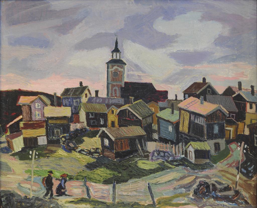 Røros med kyrkja, 1943. Olje på plate.