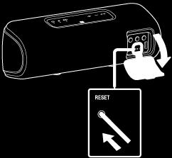 Bruke RESET-knappen Hvis høyttaleren ikke kan slås på eller ikke kan betjenes til tross for at den er slått på, åpne hetten på baksiden og trykk på RESET-knappen med en nål eller annen spiss