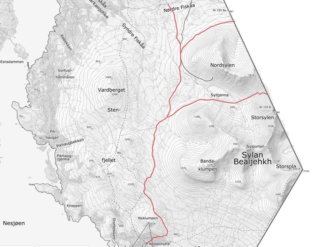 6. Sti fra Nedalshytta til N. Fiskåa og avgreininger østover SÅRBARHETSVURDERING. Figur 18. Sti fra Nedalshytta til N. Fiskåa og avgreininger østover, markert med rød linje.