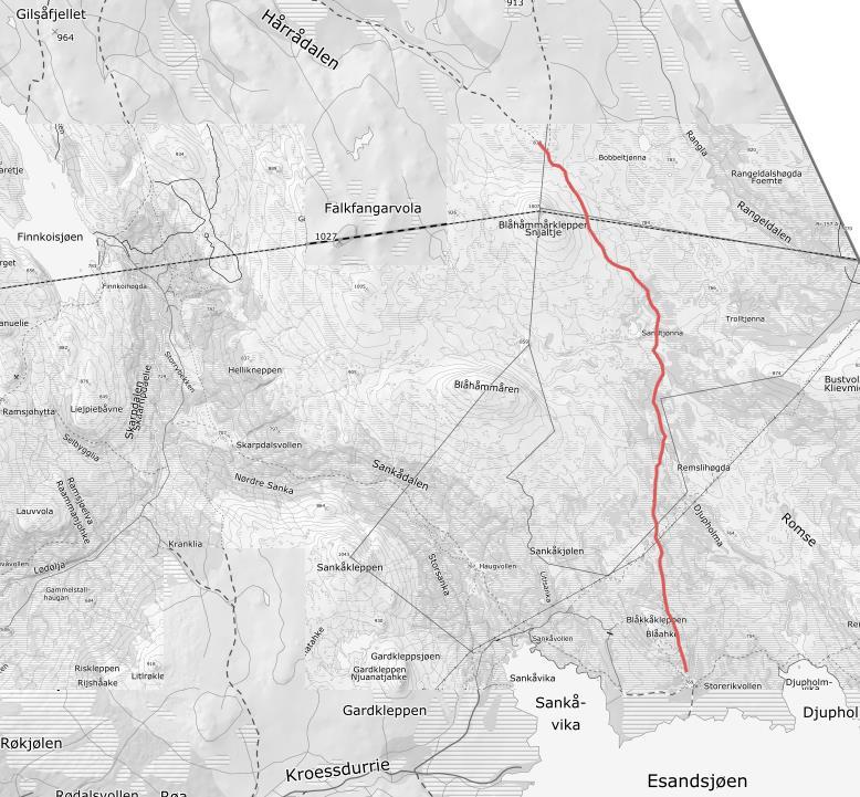 9. Sti fra Storerikvollen nordover gjennom Sankkjølen og Rangeldalen naturreservat. SÅRBARHETSVURDERING. Figur 38. Sti fra Storerikvollen nordover gjennom Sankkjølen og Rangeldalen naturreservat. M:1:80 000.