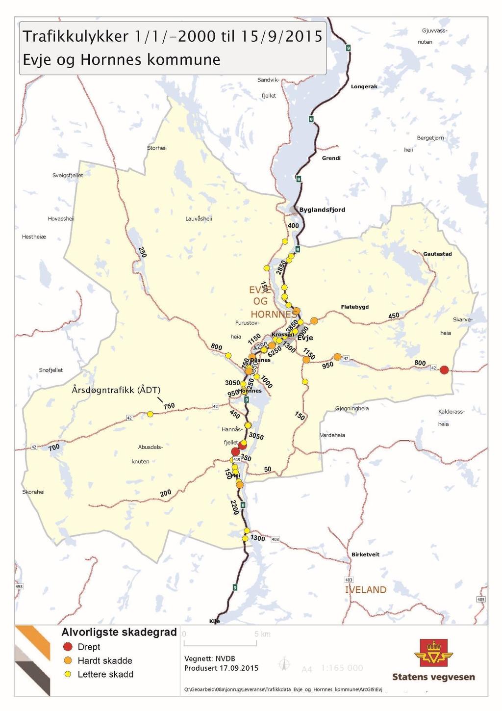 Figur 3 Ulykkesstedene i Evje og Hornnes kommune