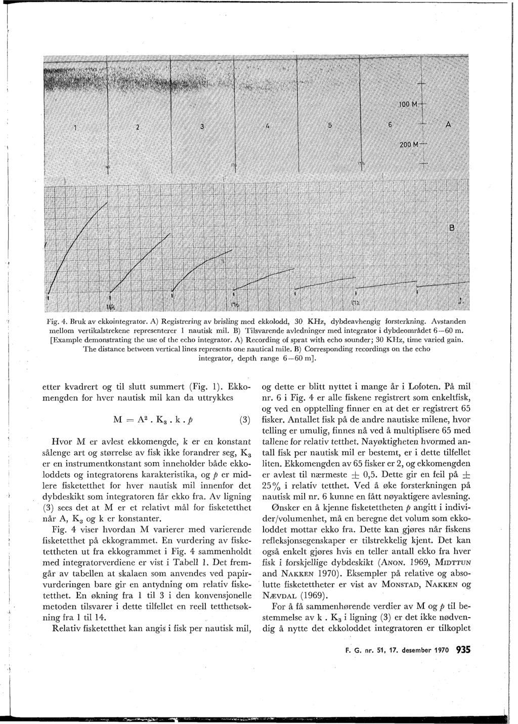 Fig. 4. Bruk av ekkointegrator. A) Registrering av brisling med ekkolodd, 30 KHz, dybdeavhengig forsterlrning. Avstanden mellom vertikalstrekene representerer 1 nautisk mil.